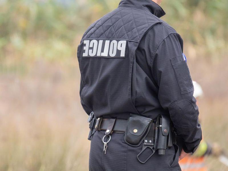 A police officer in uniform facing away from the camera